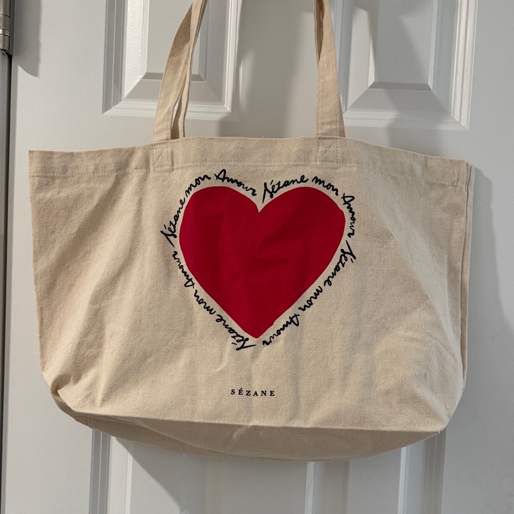 Sezane Cream Tote with Red Heart
